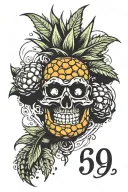 upside down pineapple with horns and halo and the numbers 69 tattoo design idea