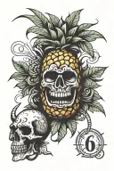 upside down pineapple with horns and halo and the numbers 69 tattoo design idea