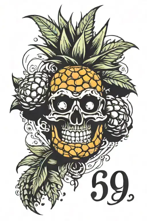 upside down pineapple with horns and halo and the numbers 69 tattoo design idea