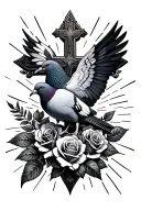 a cross with a pidgeon and roses and light rays coming tattoo design idea