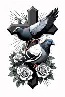a cross with a pidgeon and roses and light rays coming tattoo design idea