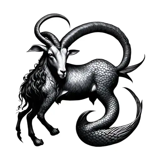 majestic realistic capricorn sea goat (half goat half mermaid) with long mermaid tail tattoo design idea