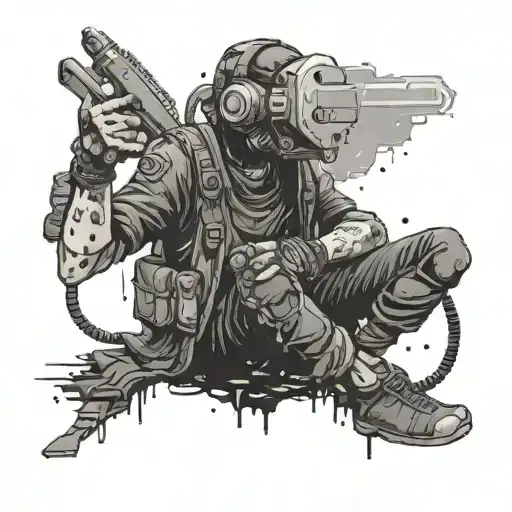 A gamer character wielding a controller as a weapon in a post-apocalyptic setting tattoo design idea
