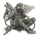 A gamer character wielding a controller as a weapon in a post-apocalyptic setting tattoo design idea