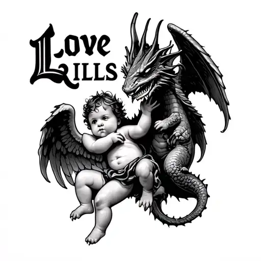 cupid baby holding a draco and the word in big text "Love Kills" and make cupid in the air using his wings tattoo design idea