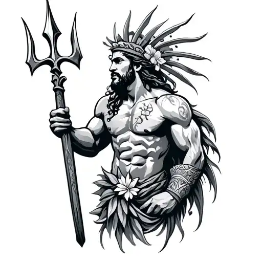 poseidon holding the trident as a Hawaiian tribal patterns tattoo design idea