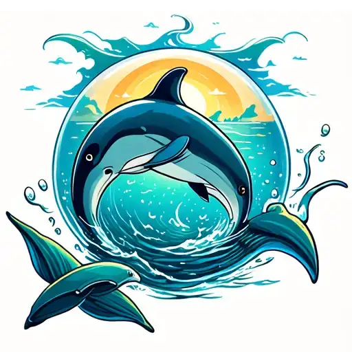 The scene is in colour. A dolphin is jumping out of the ocean. The bubble contains an undersea scene and has delicate fe tattoo design idea