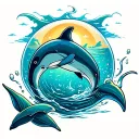 The scene is in colour. A dolphin is jumping out of the ocean. The bubble contains an undersea scene and has delicate fe tattoo design idea