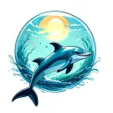 The scene is in colour. A dolphin is jumping out of the ocean. The bubble contains an undersea scene and has delicate fe tattoo design idea
