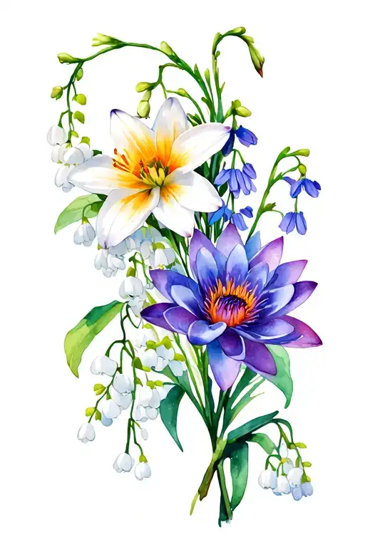 bouquet of lily of the valley, violet, water lily, larkspur, marigold, narcissus, cosmos, and chrysanthemum tattoo design idea