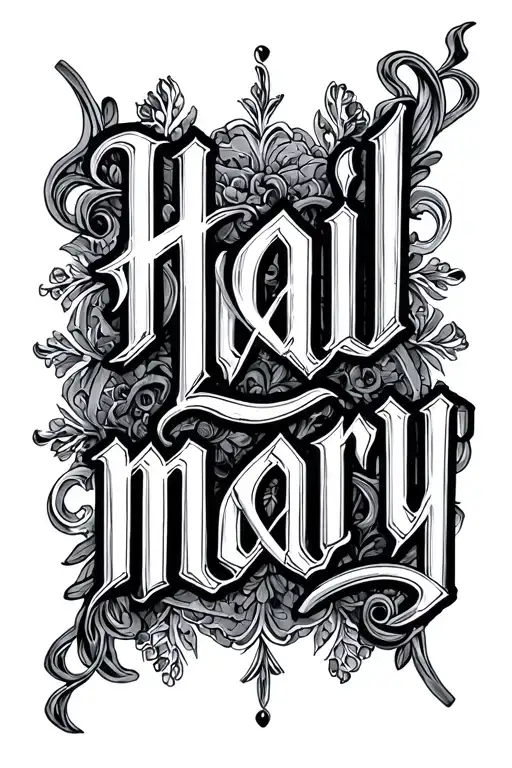 Lettering "hail mary" in gotic style with arabesques  tattoo design idea
