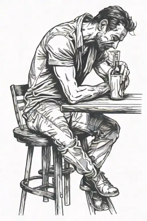 man sitting alone at a bar, nursing a drink. His expression is one of sadness and melancholy, with subtle shadows tattoo design idea