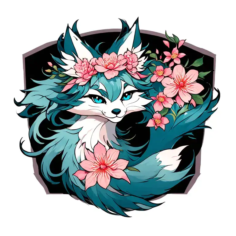 spirit 9 tailed fox with Sakura flower tattoo tattoo design idea