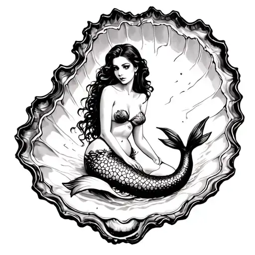 pinup-style mermaid sitting in an open oyster shell tattoo design idea