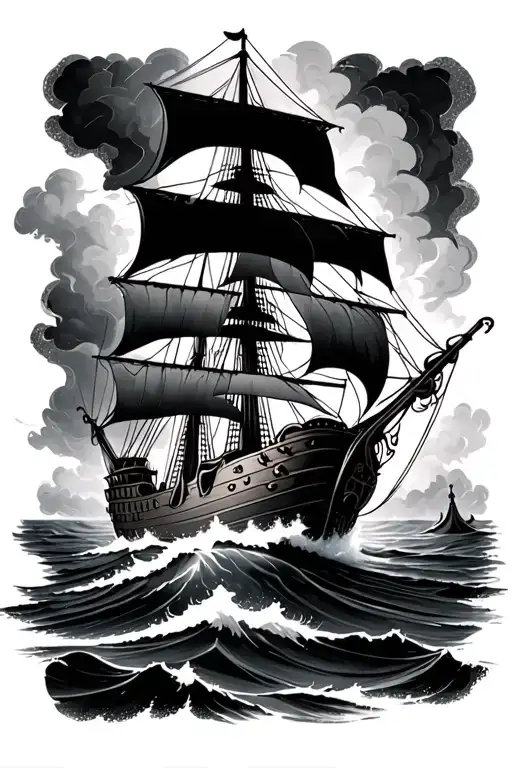 Pirate ship sailing through stormy seas tattoo design idea