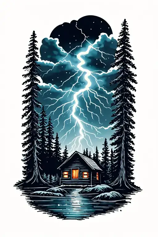 thunderstorm, wilderness, cabin, tattoo design idea