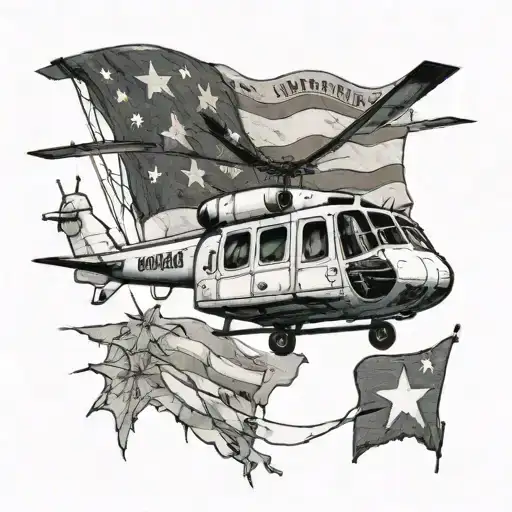 “Vietnam war era search and rescue helicopter flies over a worn and tattered American flag."  tattoo design idea