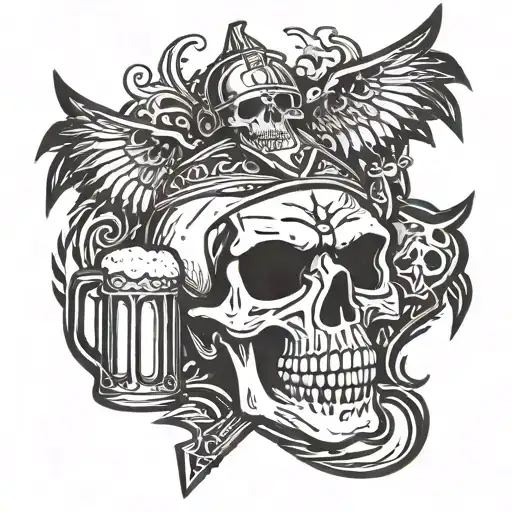 skull along with sword and axe as cross , with beer mugs includes , skull should wear a helmet with wings in helmet,  tattoo design idea