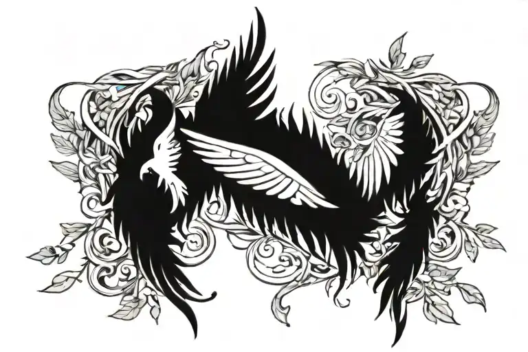 Angel wings, olive branch, fire flames tattoo design idea