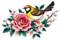 rose and sakura with sparrow  tattoo design idea