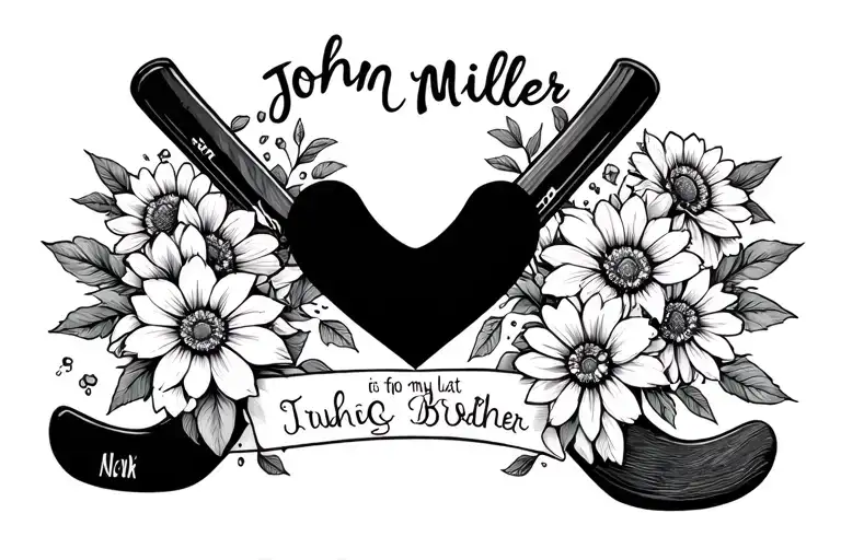 Flowers, a hockey stick and a heart for the name "John Miller" for my late little brother  tattoo design idea