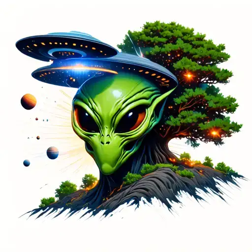 green alien face with ufo and shining orange lights hovering with tree and and solar system in background tattoo design idea