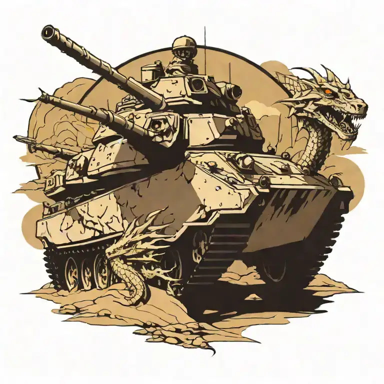 us army tank in desert with dragons tattoo design idea