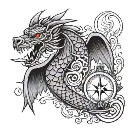 feathered serpent integrated with an hourglass filled with waves and a compass tattoo design idea