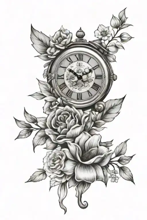 Clock tattoo childs name and time of birth flowers bouquet tattoo design idea