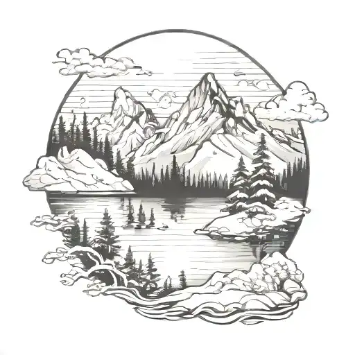 snowy mountain scene with lake and forest tattoo design idea