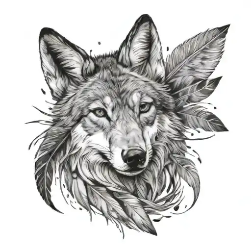 coyote and feathers falling tattoo design idea