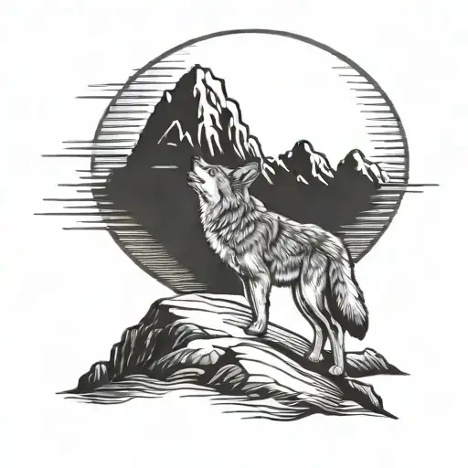 coyote howling at the moon in front of the mountains tattoo design idea