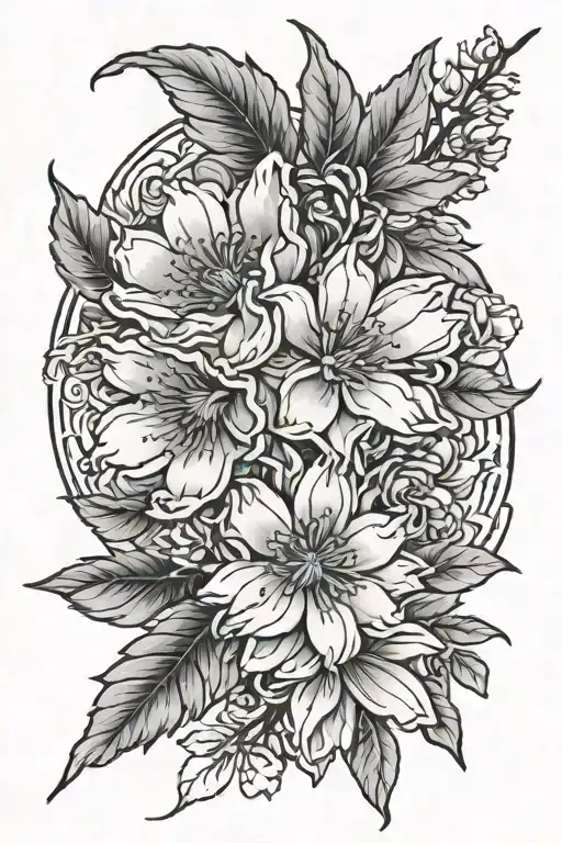 cherry blossom, rose - maybe honeysuckle, aster & chrysanthemum  tattoo design idea