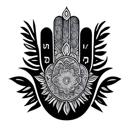 Hamsa hand and my kids names written in Hebrew letters tattoo design idea