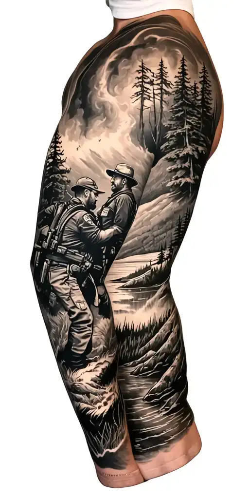 outdoors arm sleeve for a hunter/fly fisherman and wild land firefighter  tattoo design idea