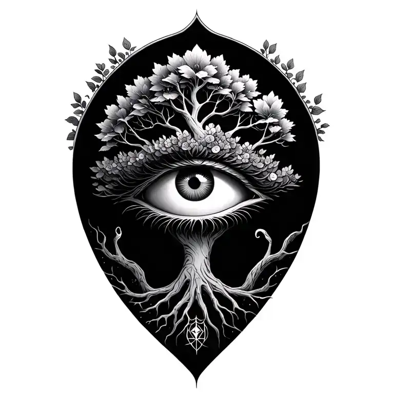 tree of life with the all seeing eye symbol integrated tattoo design idea