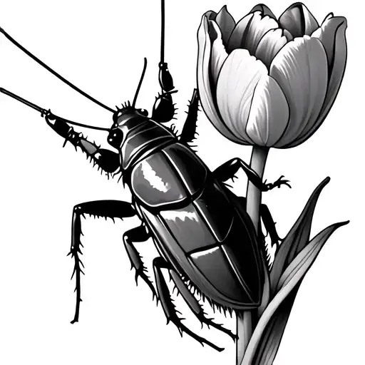 Create an image, cockroach coming out of windermill holding a tulip tattoo design idea
