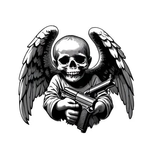 Baby angel with gun and skull  in hands tattoo design idea