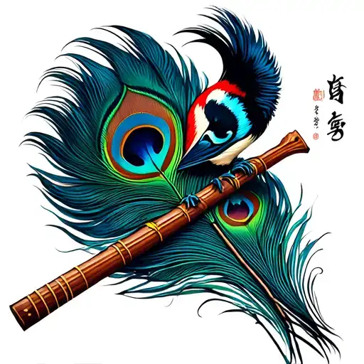 woodpecker Krishna flute peacock feather tattoo design idea