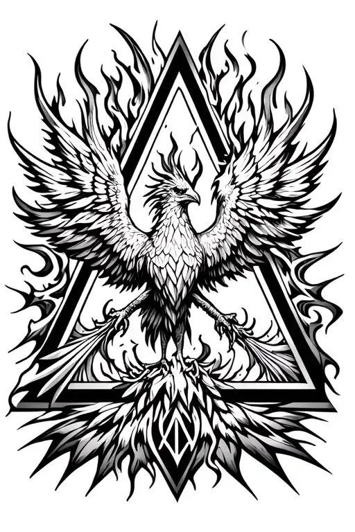 black and white tattoo design, bold triangle outline, detailed fire element inside, phoenix emerging from flames, Harry  tattoo design idea