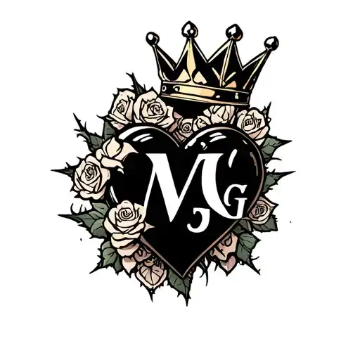 "M G" heart surrounded by thorns and roses with a crown adorned tattoo design idea