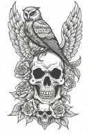 skull owl raven grim reaper holding a bouquet tattoo design idea