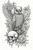 skull owl raven grim reaper holding a bouquet tattoo design idea