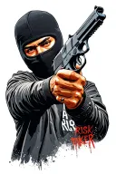 risk taker text, gang member in balaclava holding gun tattoo design idea
