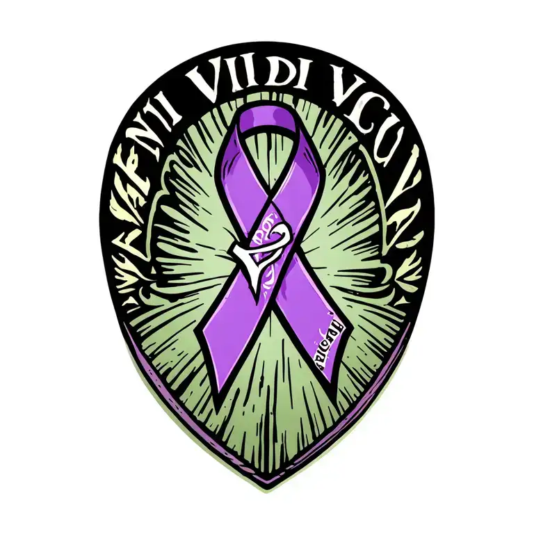 pancreatic cancer ribbon with "Veni Vidi Vici" inscribed tattoo design idea
