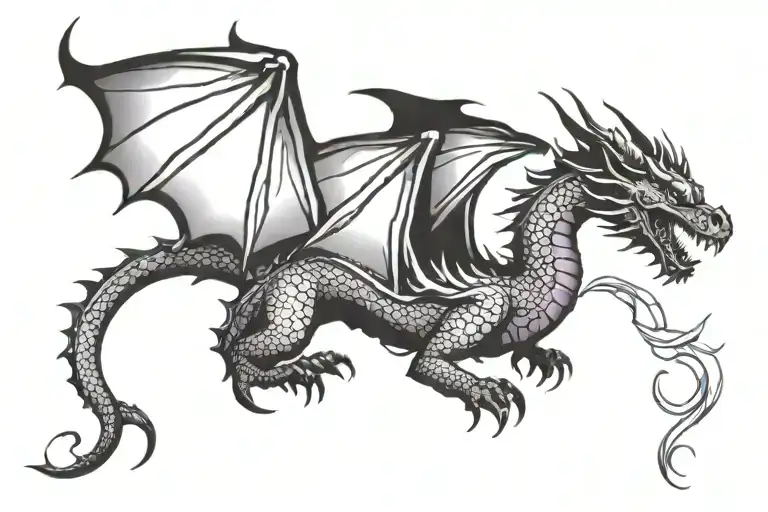 dragon with outstretched wings shooting purple fire tattoo design idea