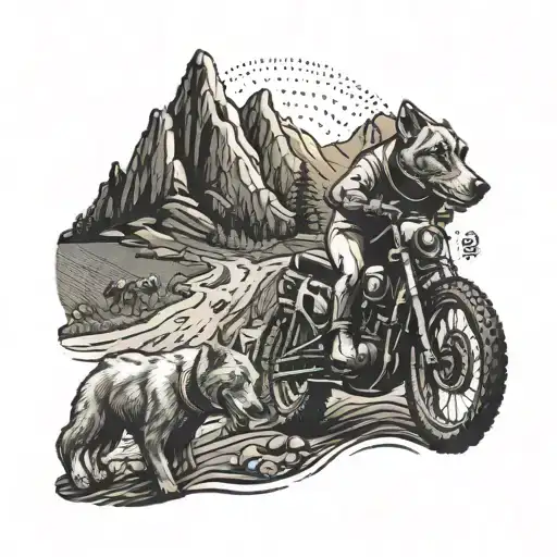 A stylized illustration of a dog leading a pack of dirt bikers through a rugged mountain trail tattoo design idea