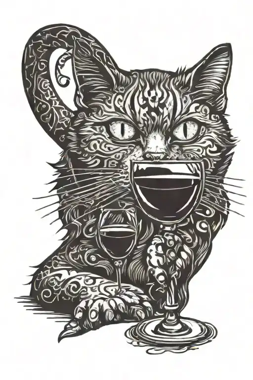 a cat holding a red wine glass tattoo design idea