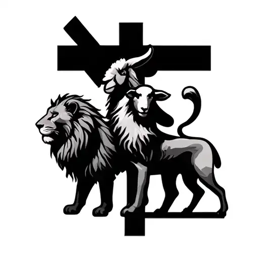 simple cross with a lion out of one side and a lamb on the other tattoo design idea