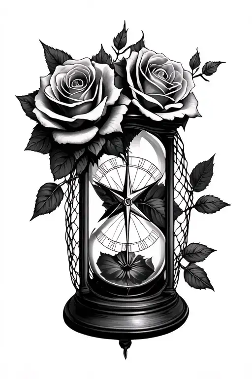 roses and broken hour glass with a compass in fish net tattoo design idea